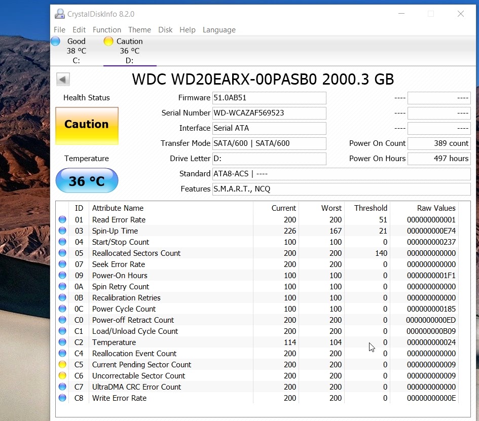 Advice on hard drive showing caution in crystal disk (Screenshot 